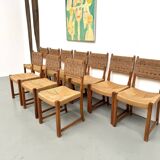 Série de dix chaises en orme massif tressées main, France circa 1965