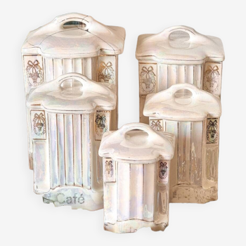 5 spice jars, iridescent earthenware, 1920, mother-of-pearl effect
