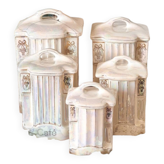 5 spice jars, iridescent earthenware, 1920, mother-of-pearl effect