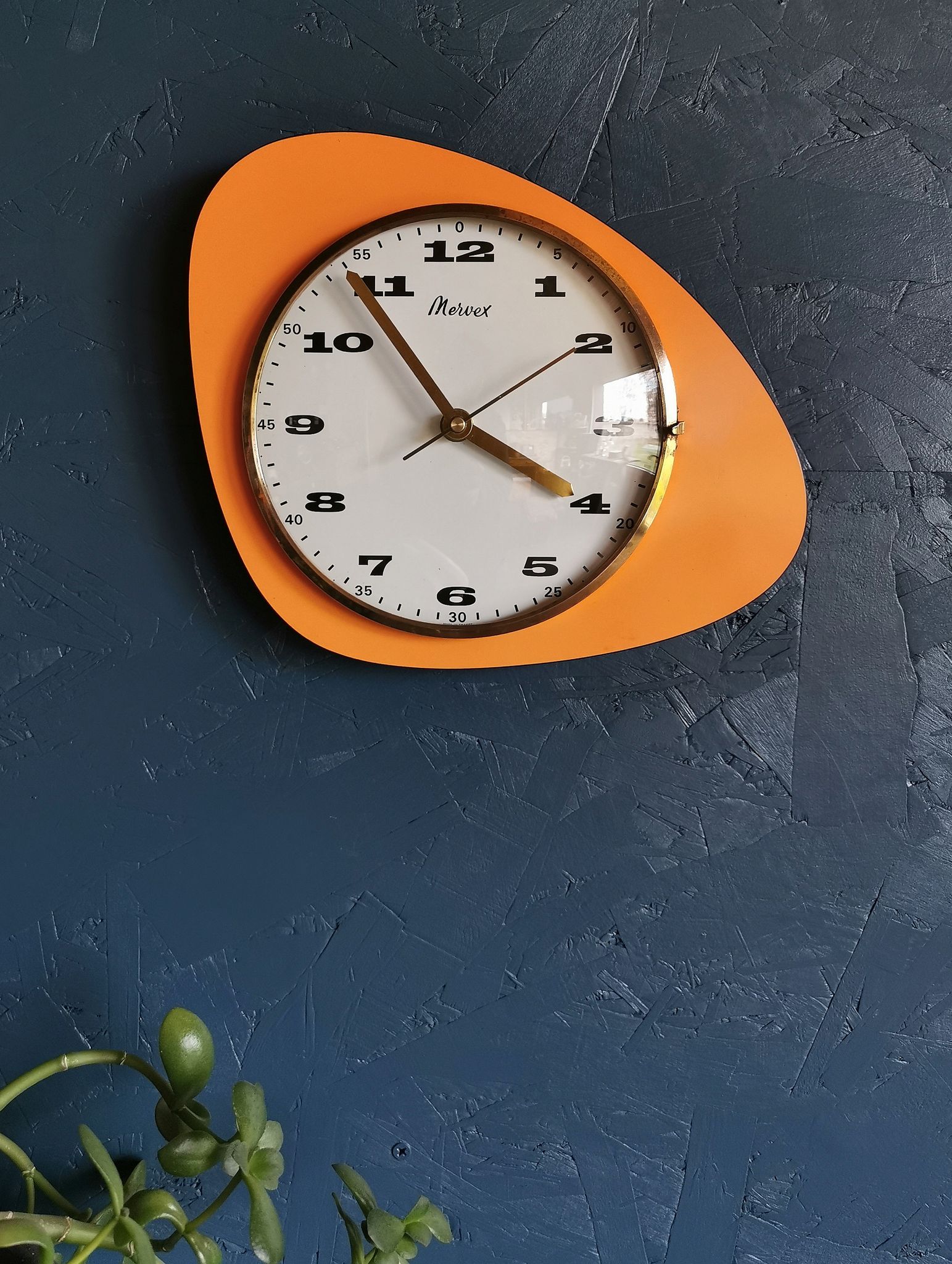 Vintage formica clock asymmetrical silent wall clock "Mervex orange"