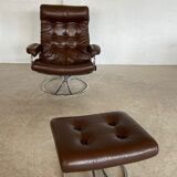 Vintage brown leather reclining lounge chair Ekornes Stressless & stool, 1960s