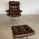 Vintage brown leather reclining lounge chair Ekornes Stressless & stool, 1960s