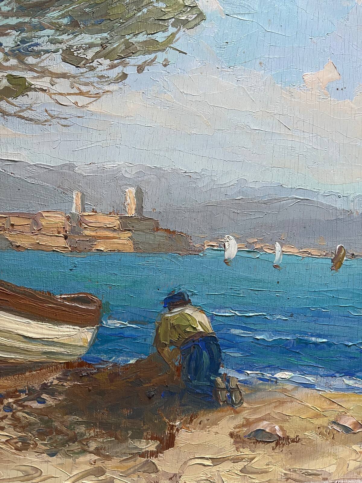 Tableau HSP "Mediterranean Sea" boat and fisherman signed Dorges