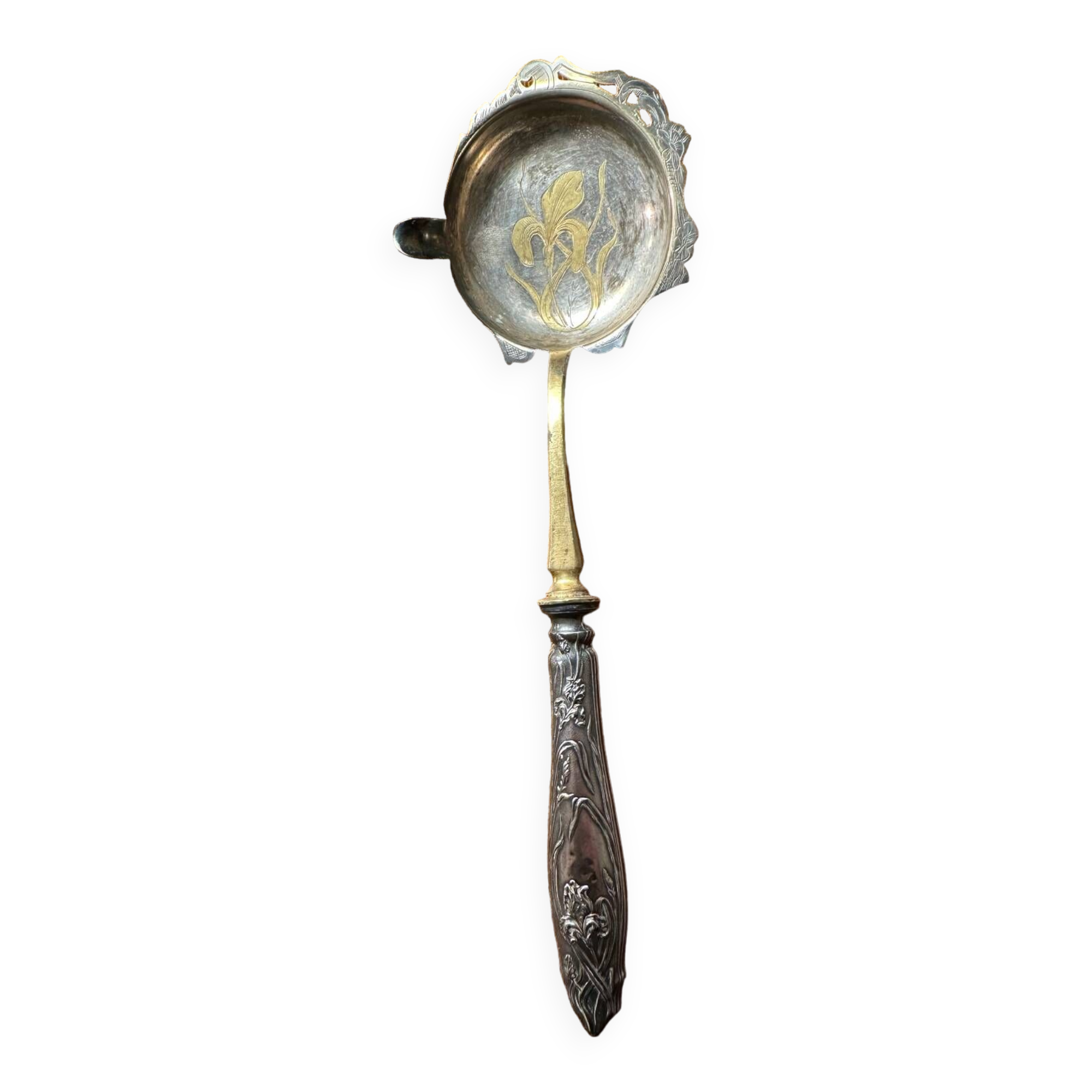Cuillère à Sauce Art-Nouveau Décor Floral en Argent & Vermeil