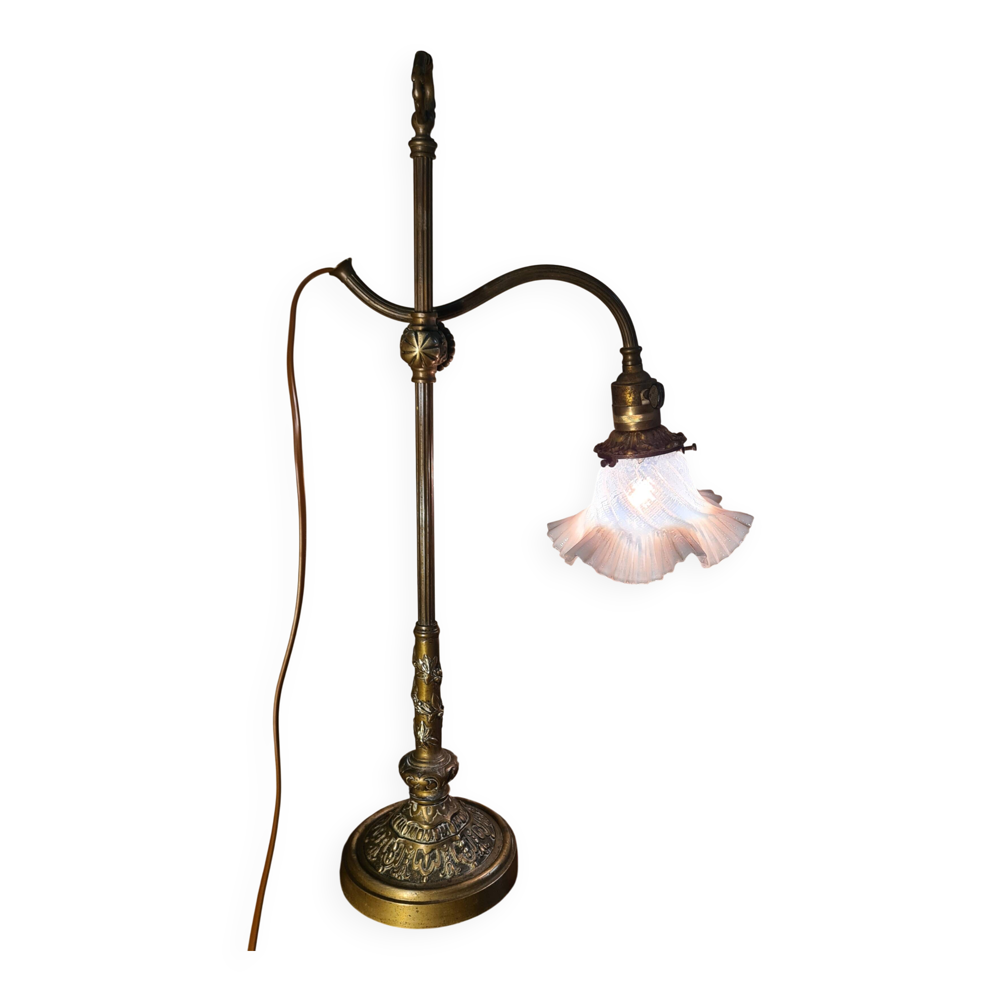 antique Art Nouveau lamp from 1890 to 1910 with blue opalescent lace glass