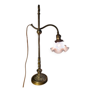 antique Art Nouveau lamp from 1890 to 1910 with blue opalescent lace glass