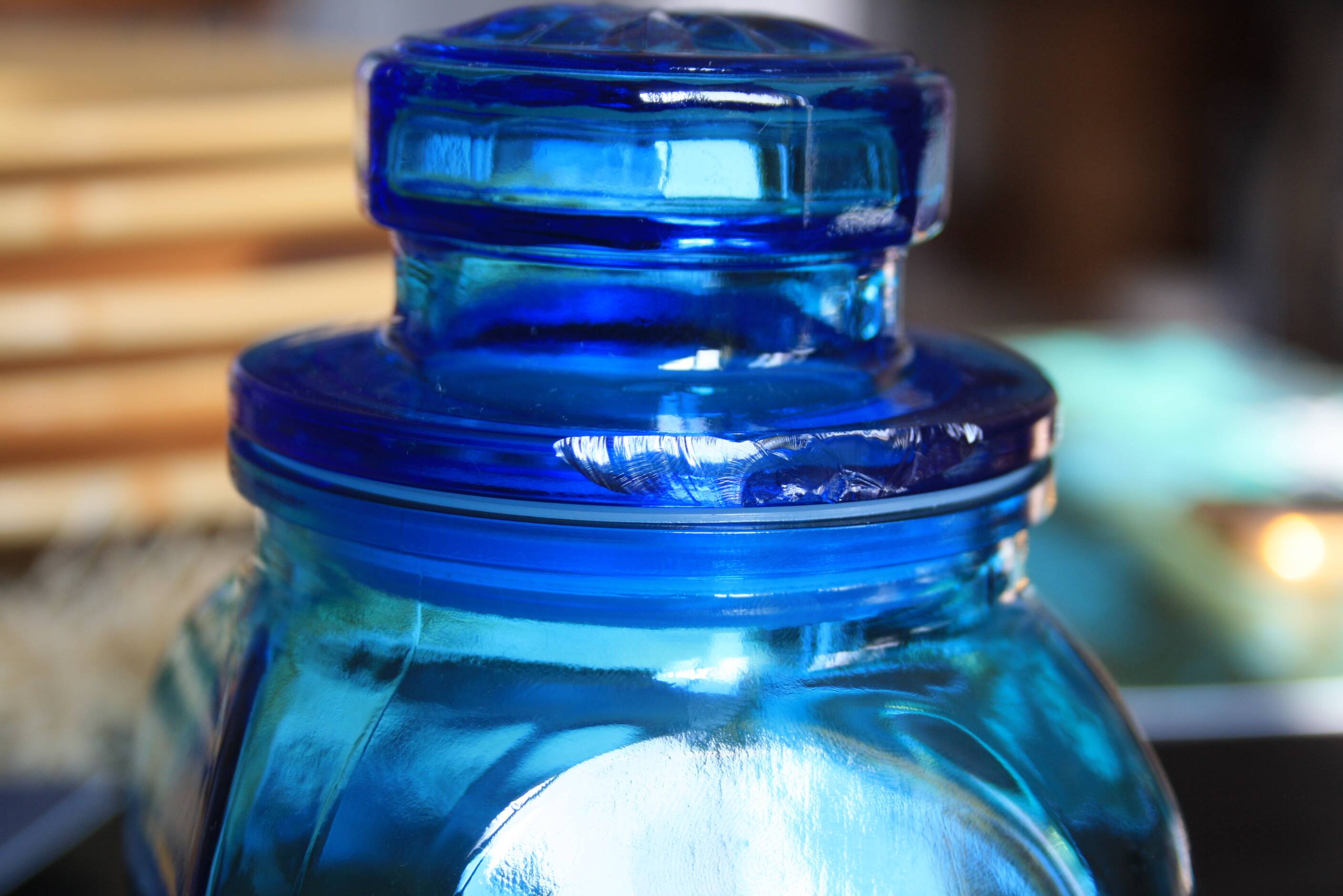 Blue glass jar with airtight lid