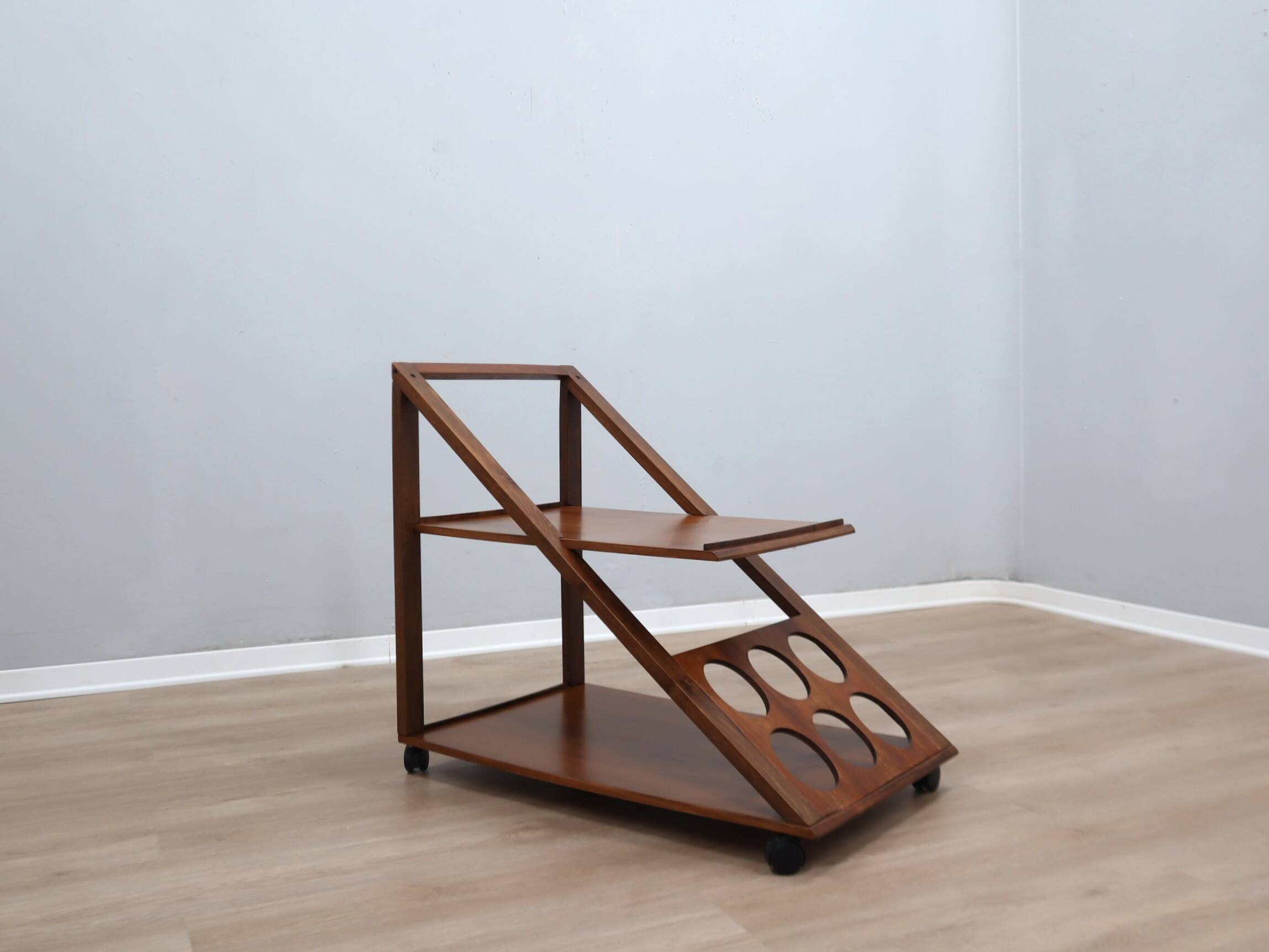 Vintage geometric walnut wood bar cart 1970s