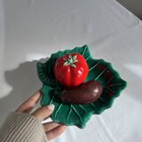 Vintage salt and pepper shaker colorful hand painted slip - Vegetables and leaf holder