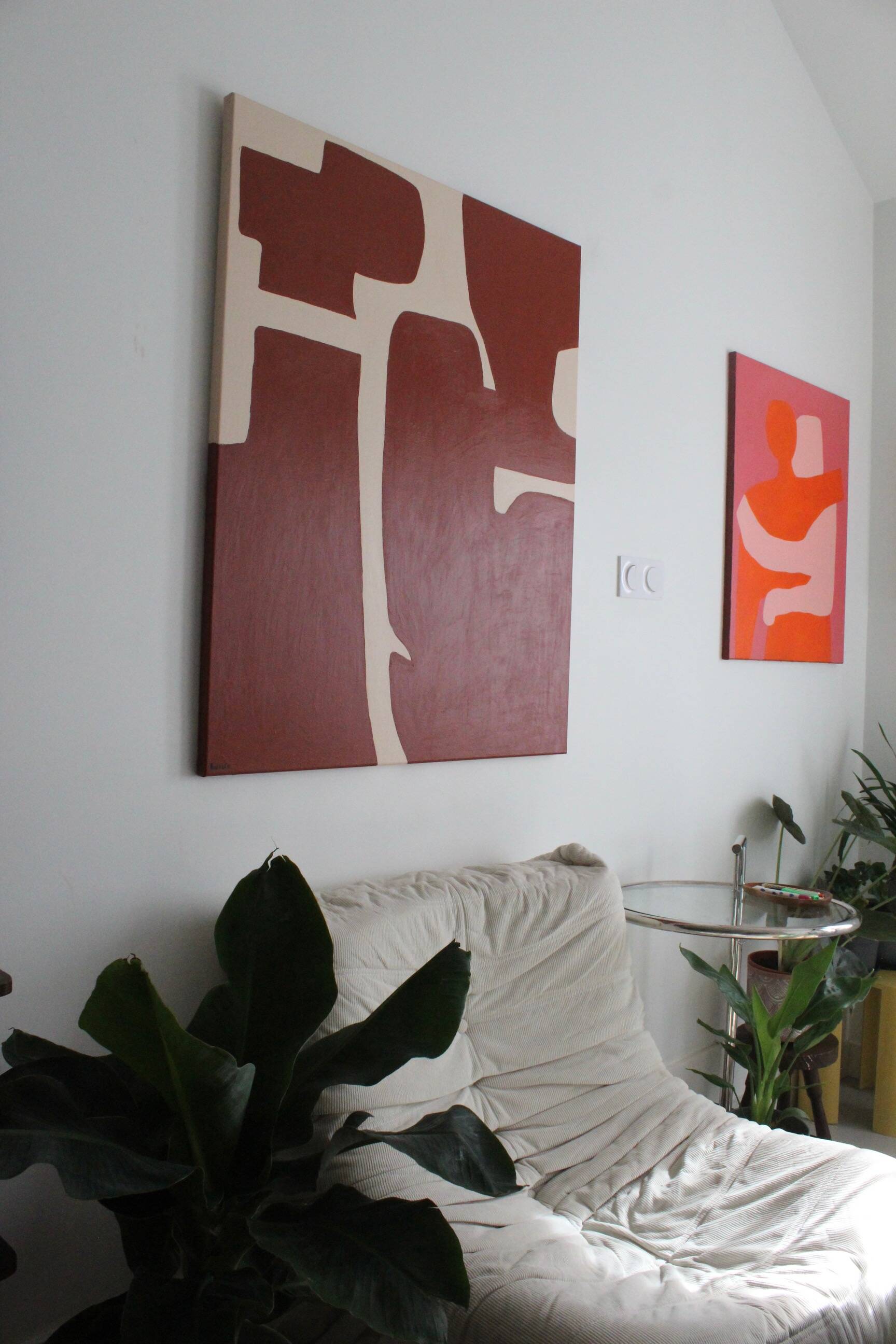 Organic abstract on burgundy stretched canvas 100x81cm
