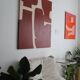 Organic abstract on burgundy stretched canvas 100x81cm