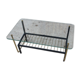 Superb coffee table 1960 metal gold and black plate glass