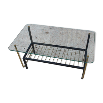 Superb coffee table 1960 metal gold and black plate glass