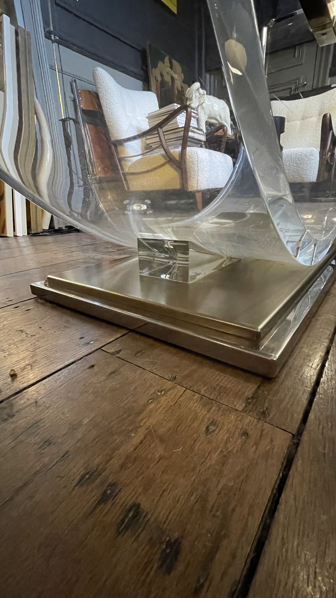 Dining room table by Charles Hollis Jones, lucite & brass, hollywood regency style, ca 1970