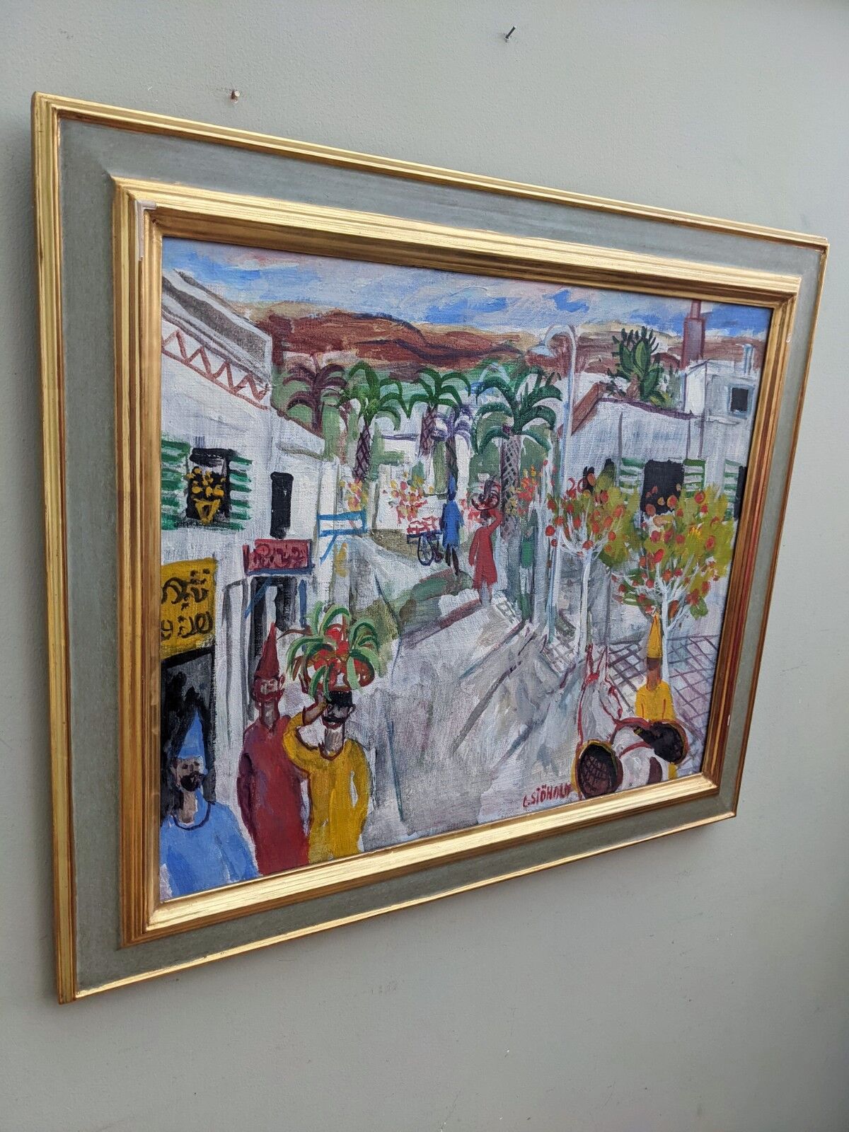 Tableau ancien « shophouses » scène de rue paysage peinture à l’huile, encadré