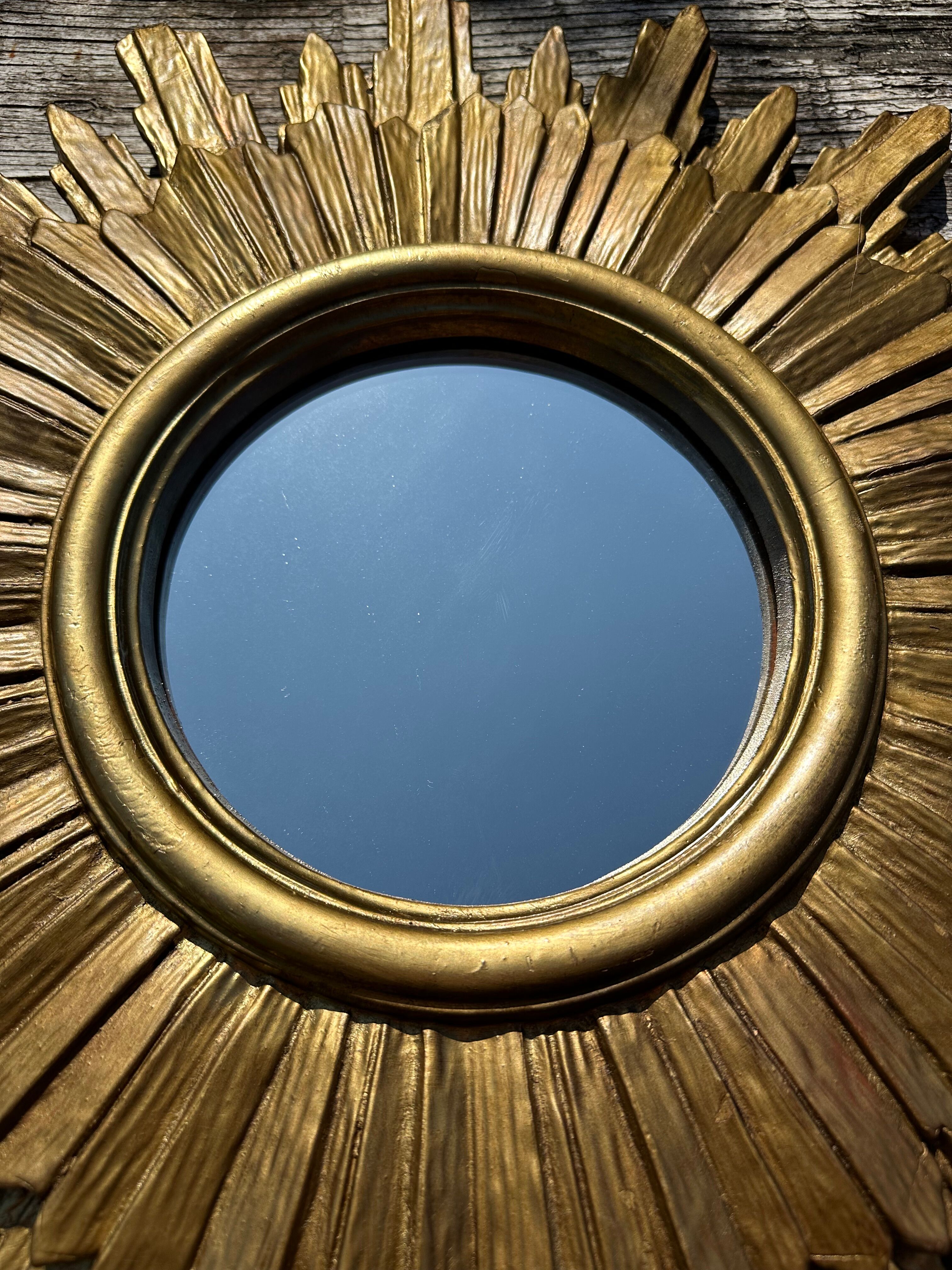 Vintage sun mirror 1960 in patinated golden balsa