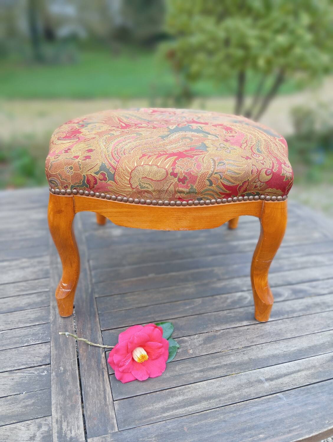 Louis XV style footrest stool pouffe wood and fabric