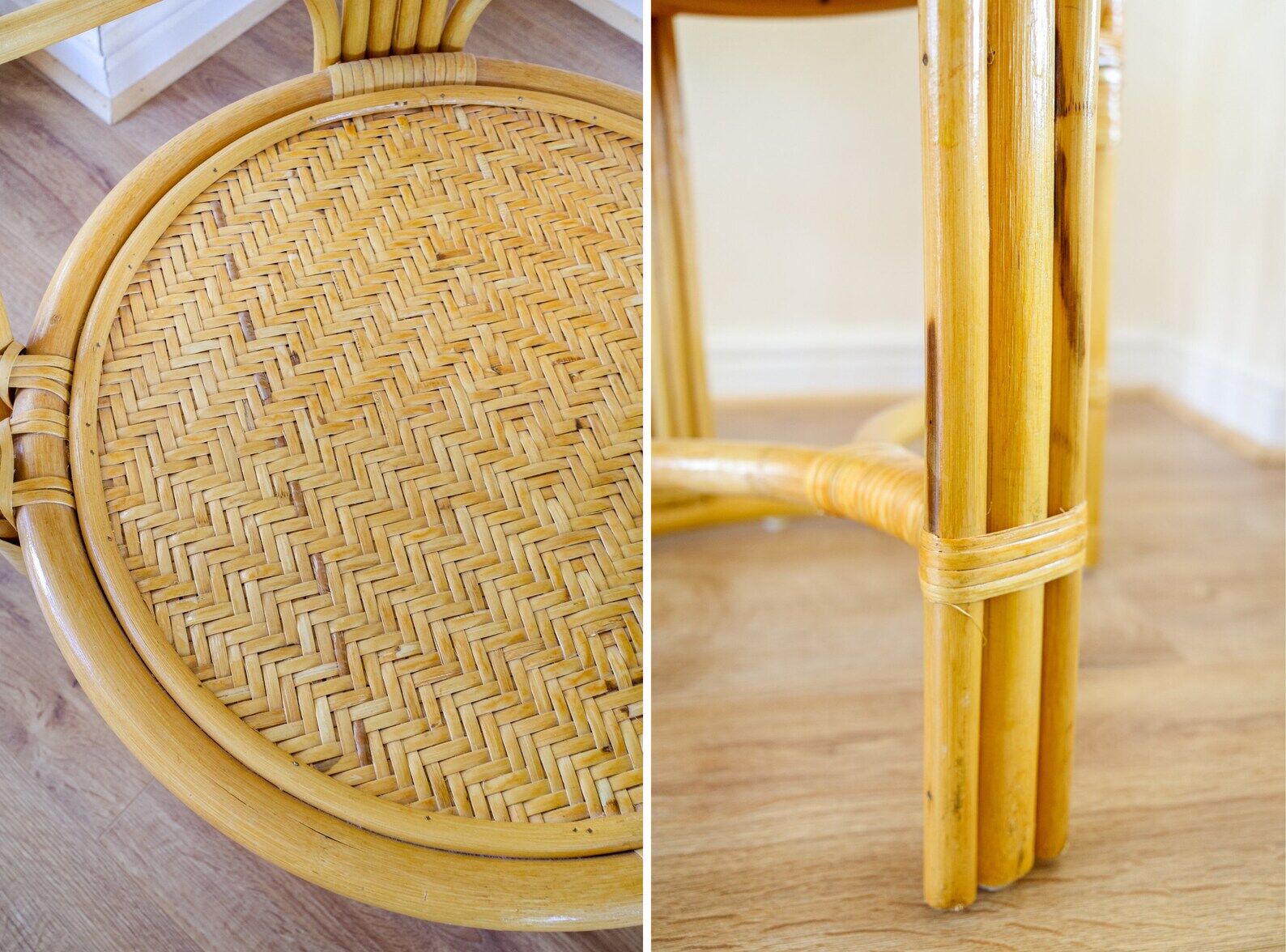 Bamboo Bistro Set / Table and Chairs Dining Set / Outdoor Cane Wicker, Mid Century Patio Furniture