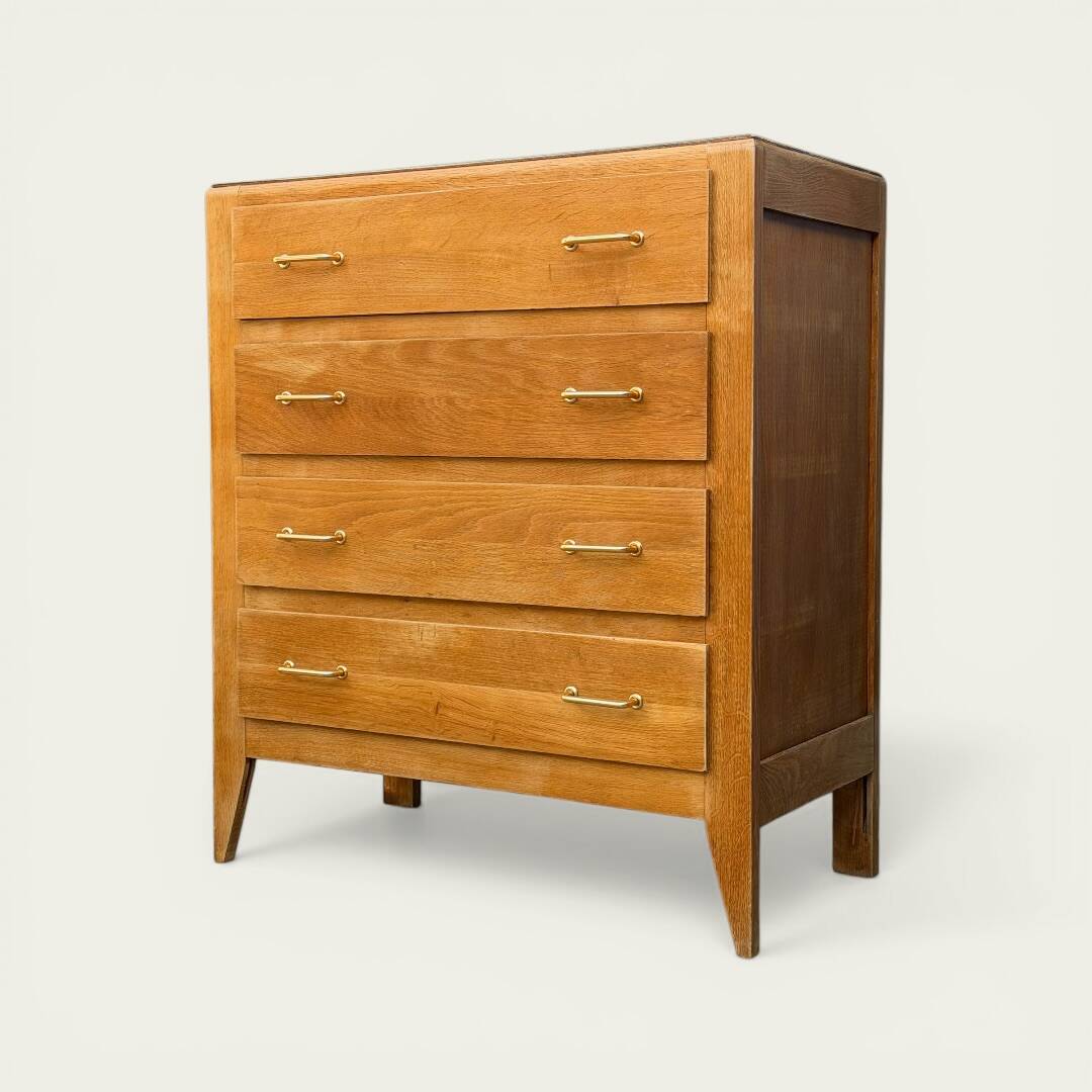 Vintage chest of drawers with tapered legs, solid raw oak, 1960.