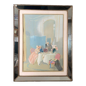 Watercolor on paper in the style of Guiraud de Scévola interior scene