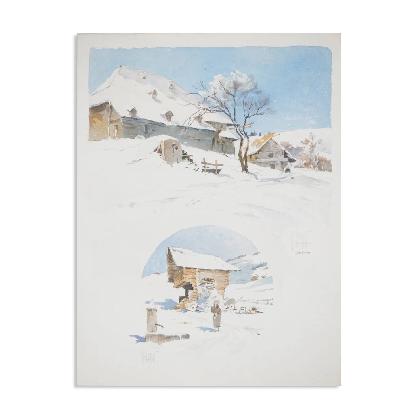 René leverd: switzerland, the sheepfold of lagnau, original signed watercolor