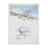 René leverd: switzerland, the sheepfold of lagnau, original signed watercolor