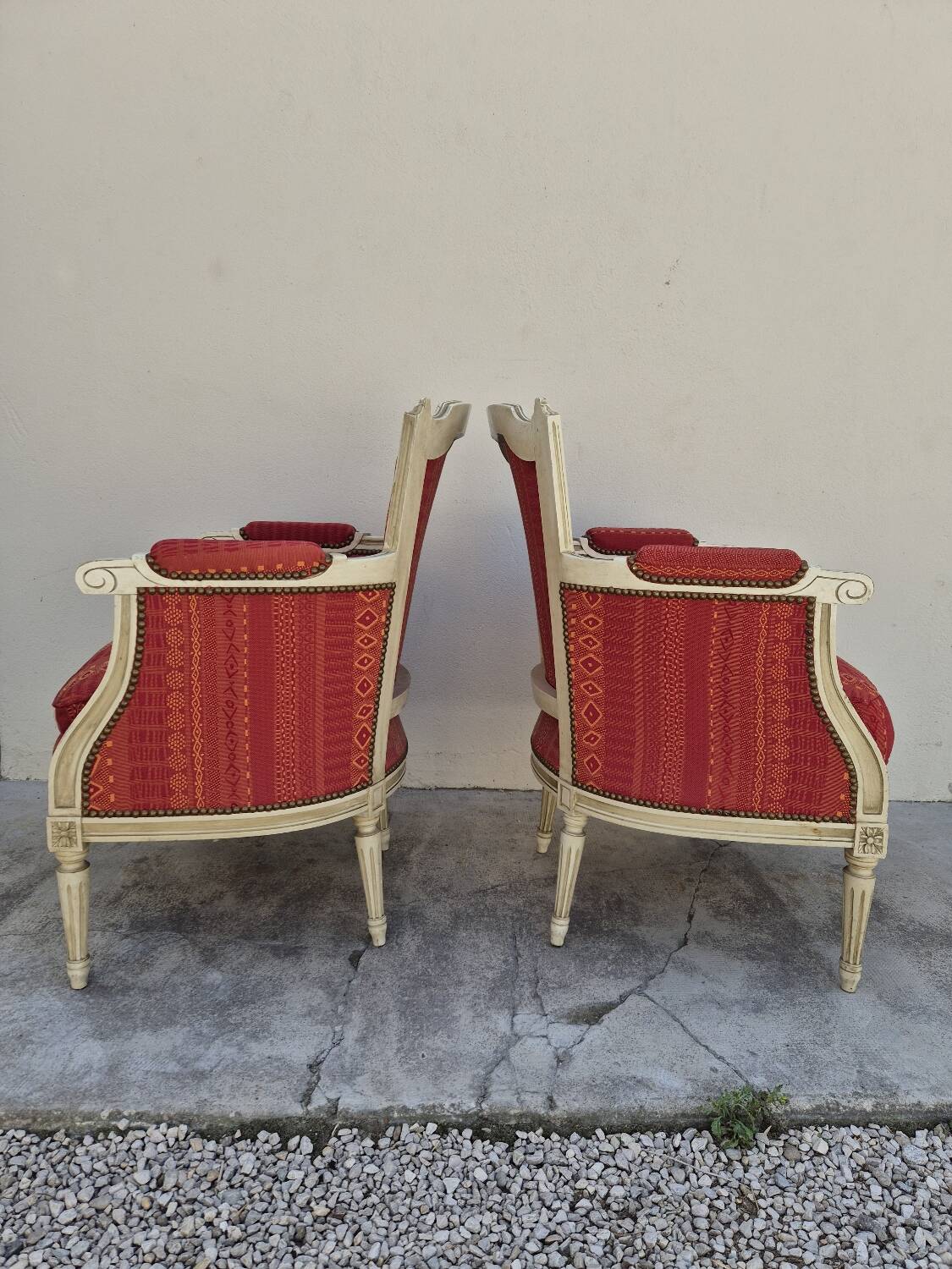 Pair of Louis XVI style bergère armchairs, antique.