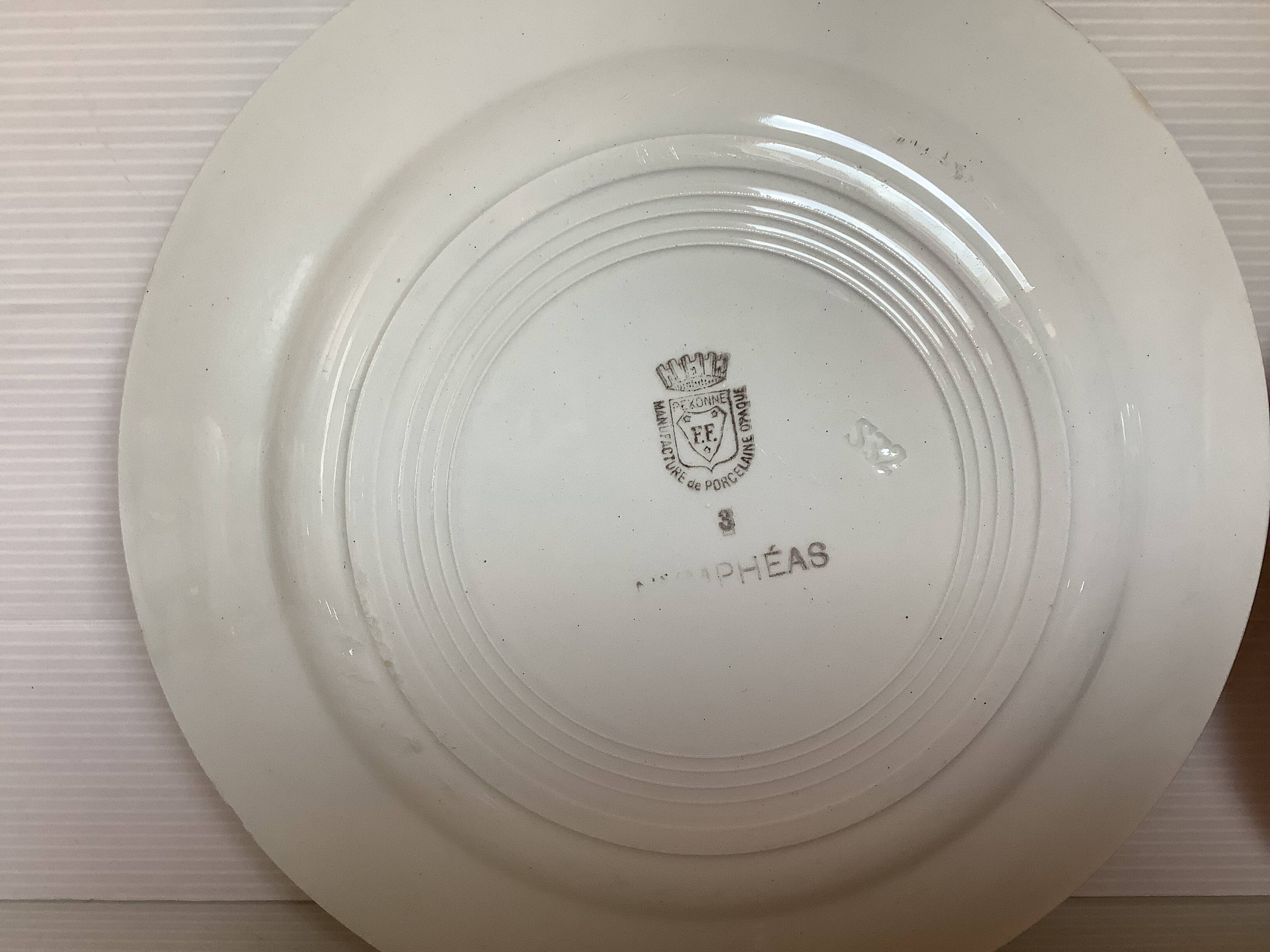 Five old flat earthenware plates from the 1930s, water lilies model