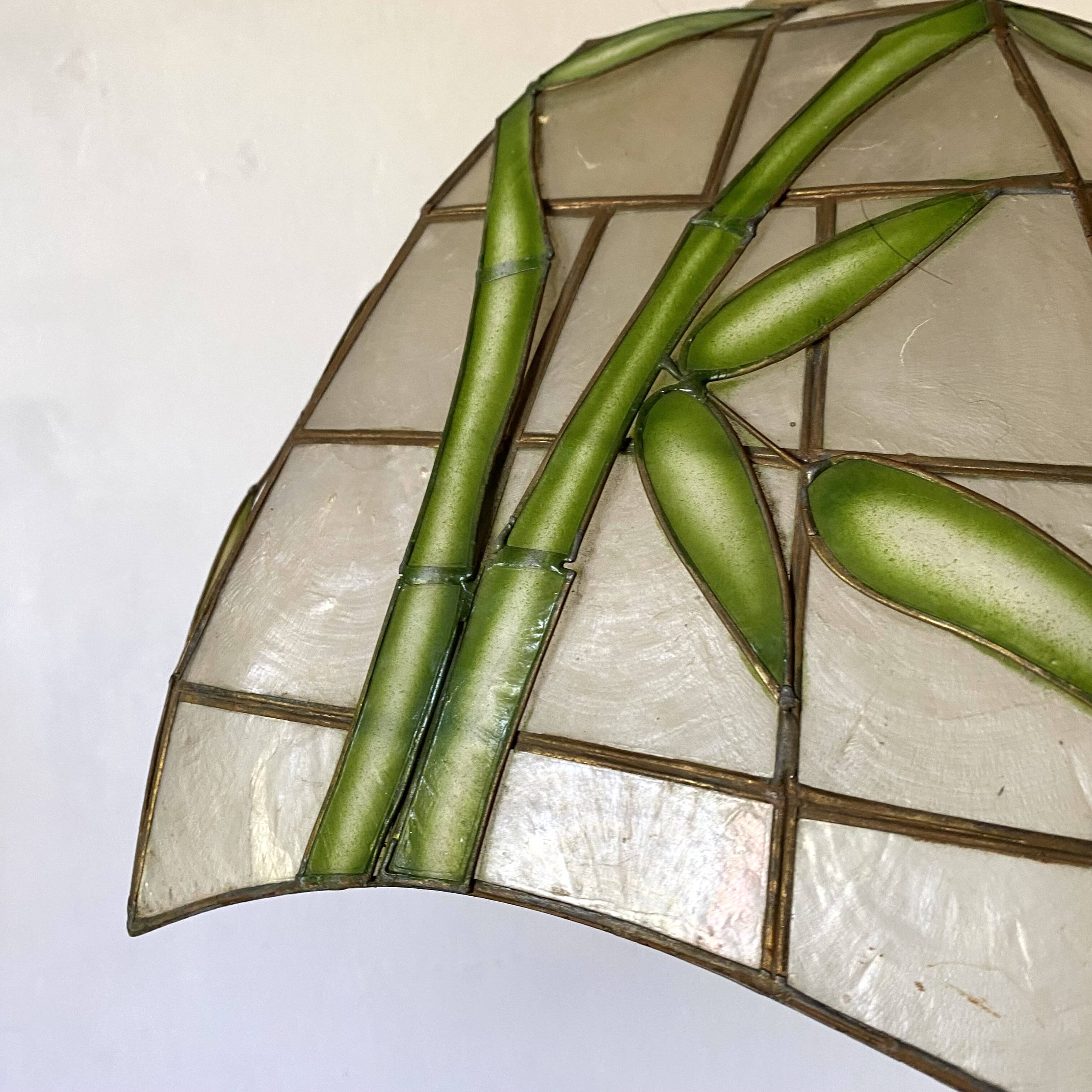 Pendant lamp in mother-of-pearl and brass with bamboo decor