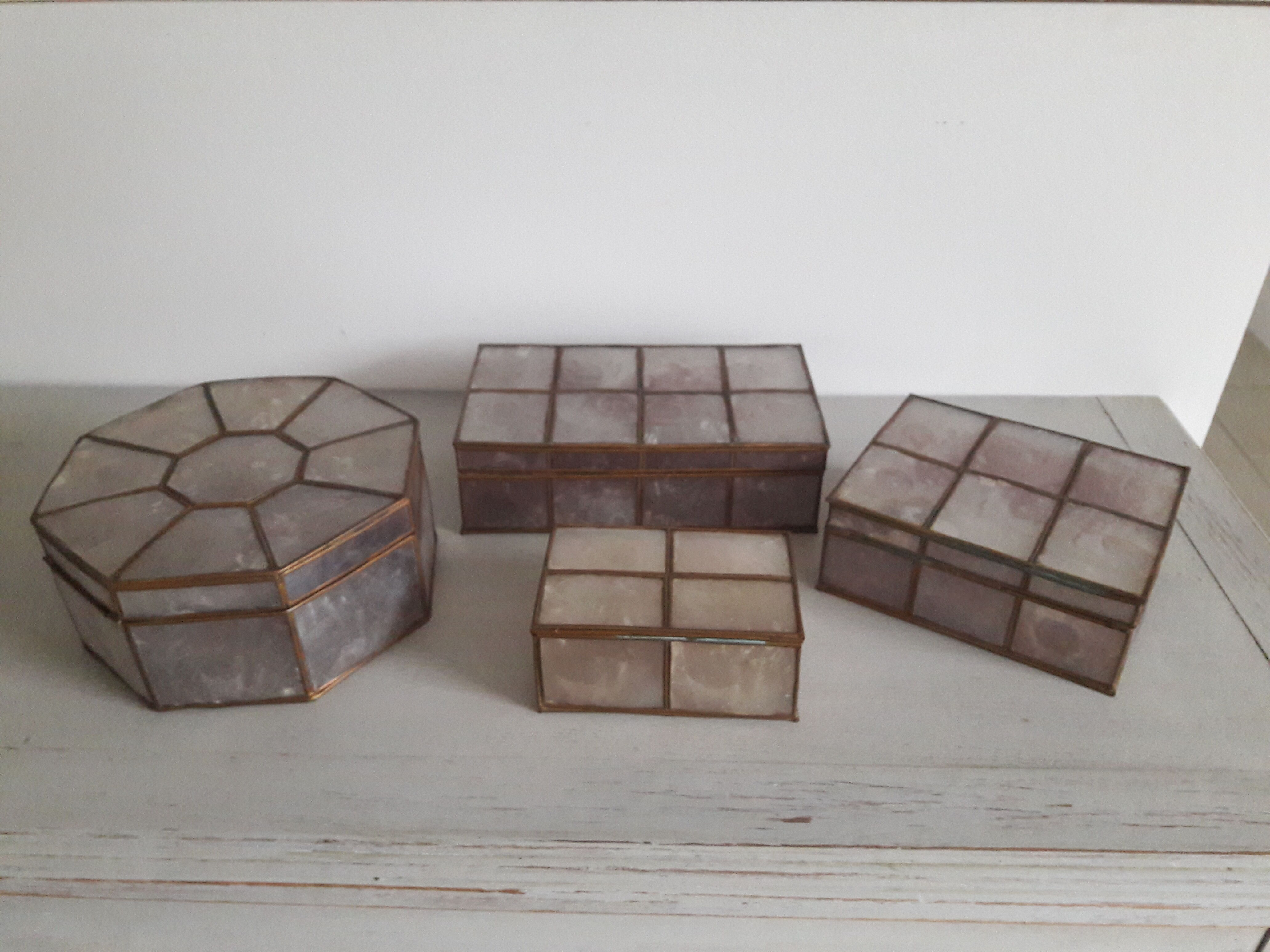 Pink brass and mother-of-pearl boxes