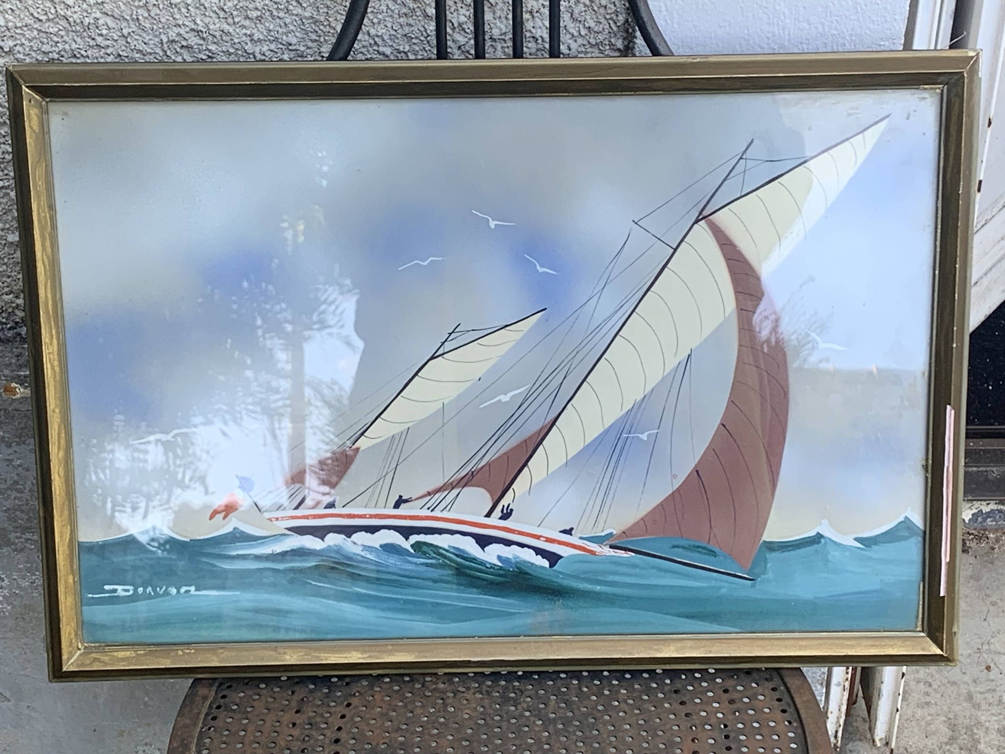 Tableau peinture marine, voilier signe Dorvom, encadre, vintage