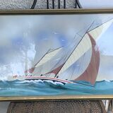 Marine painting, sailboat signed Dorvom, framed, vintage