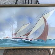 Tableau peinture marine, voilier signe Dorvom, encadre, vintage