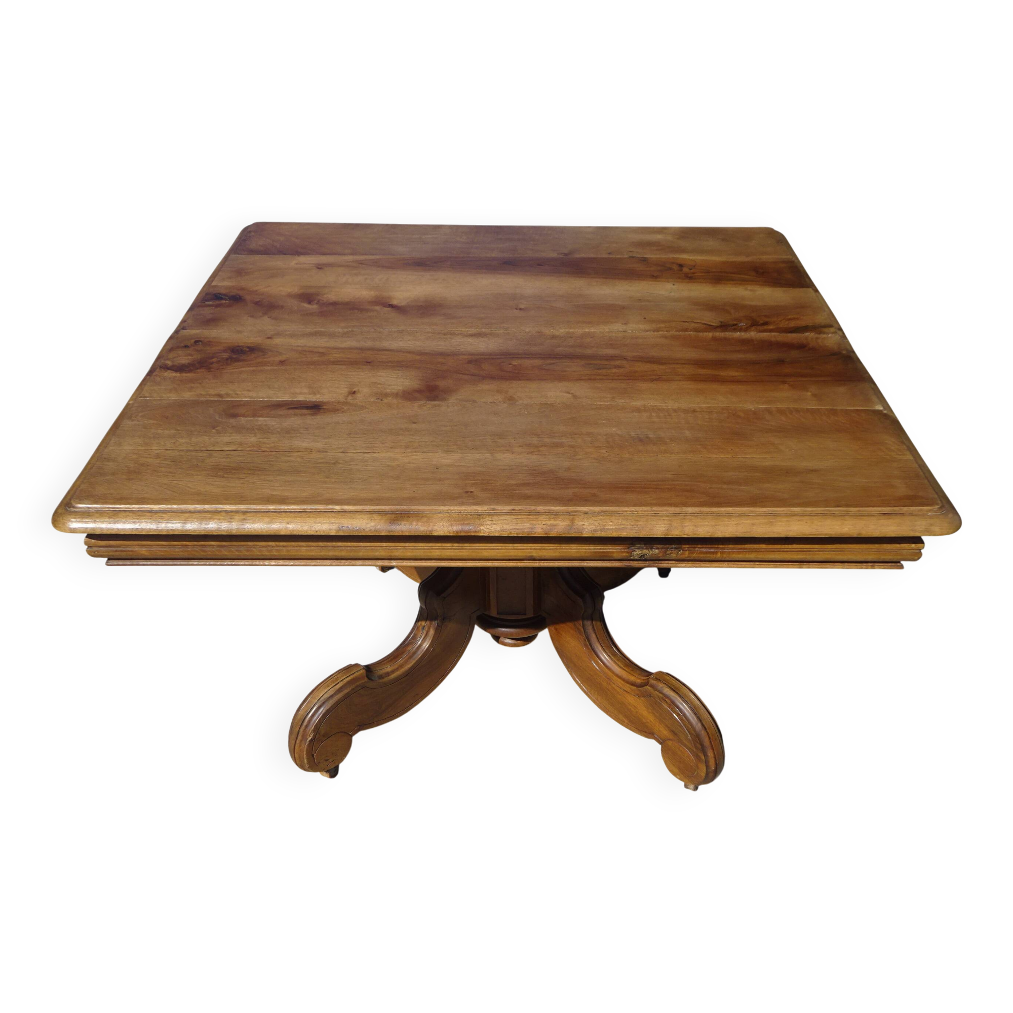 Square dining table, central leg, seats 8
