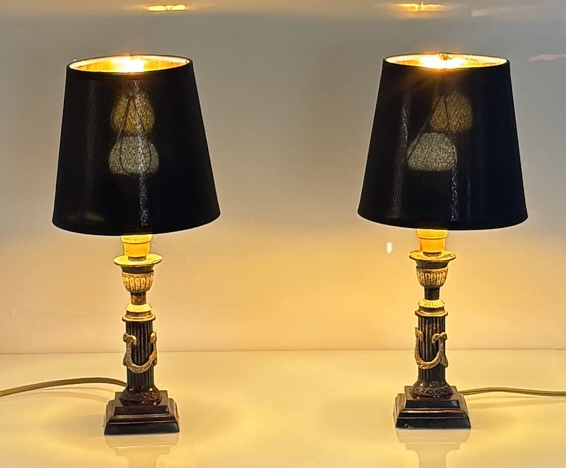 Pair of Empire Style Table Lamps with Patinated Black Bronze and Gilded Mounts
