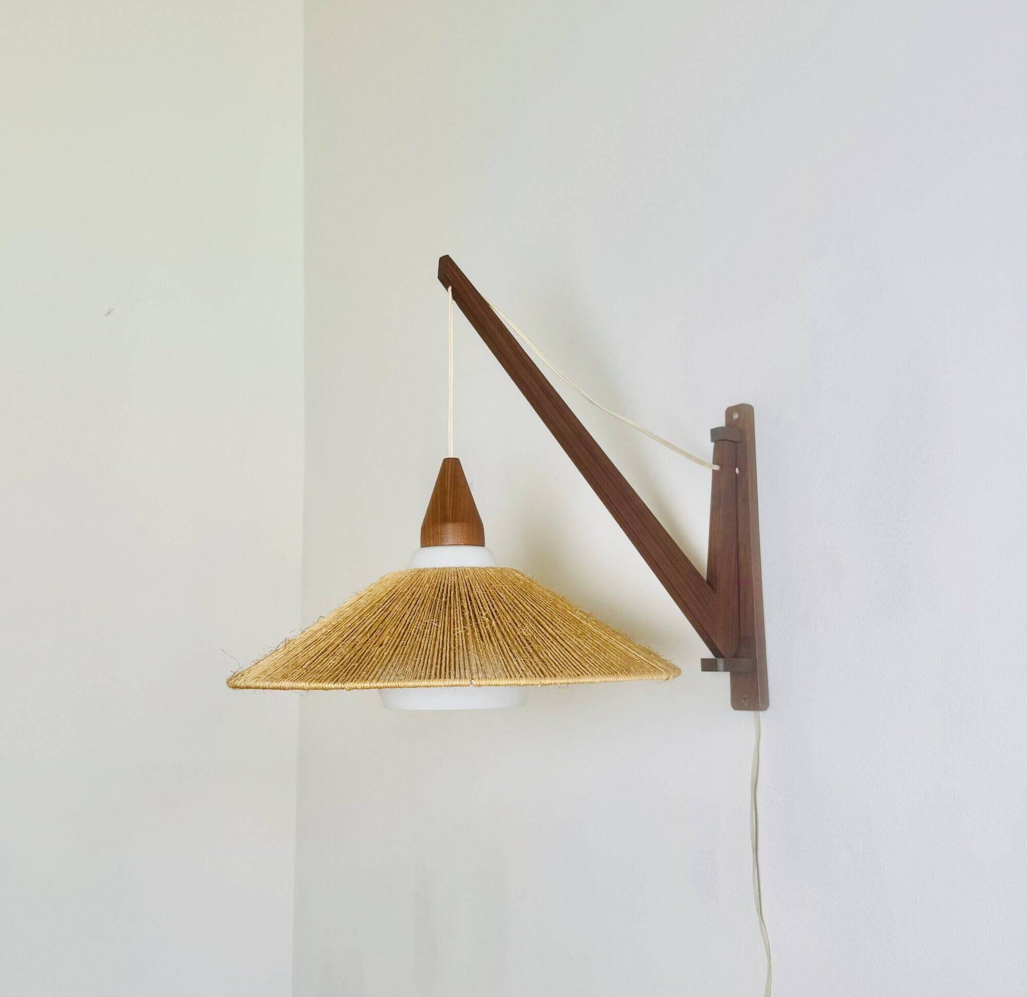 Wood And Sisal Wall Lamp By E.R. Nele For Temde Leuchten, Germany/Switzerland 1960S
