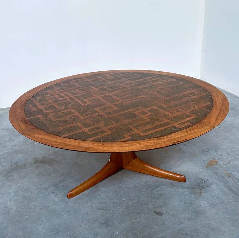 Vintage Wooden Coffee Table with Engraved Brass Top – 1970s