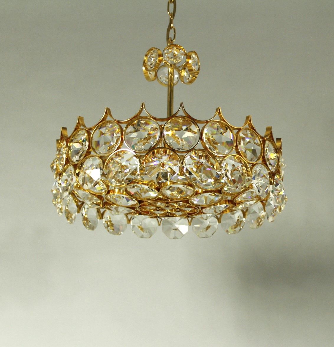 1970s Palwa Chandelier, gold plate and faceted crystals