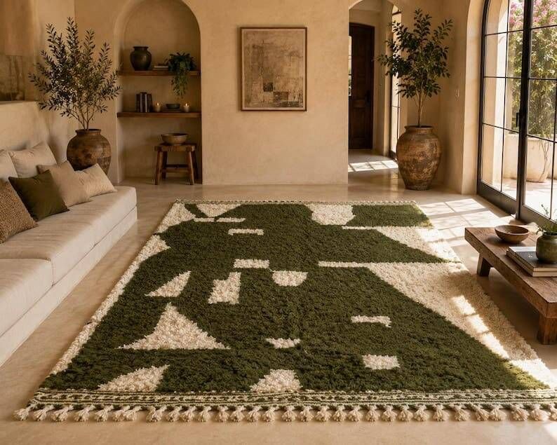 Authentic pure wool Moroccan rug in green and white, 2/3 m.