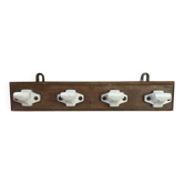 Wall-mounted coat rack, wooden support, four porcelain hooks.