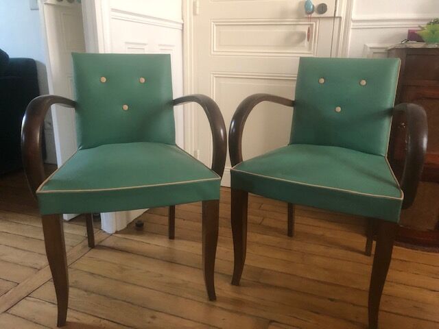 2 wooden and green skai club bridge armchairs