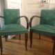 2 wooden and green skai club bridge armchairs