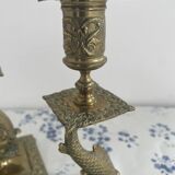 Pair of brass dolphin candlesticks, late 19th century, Napoleonic period