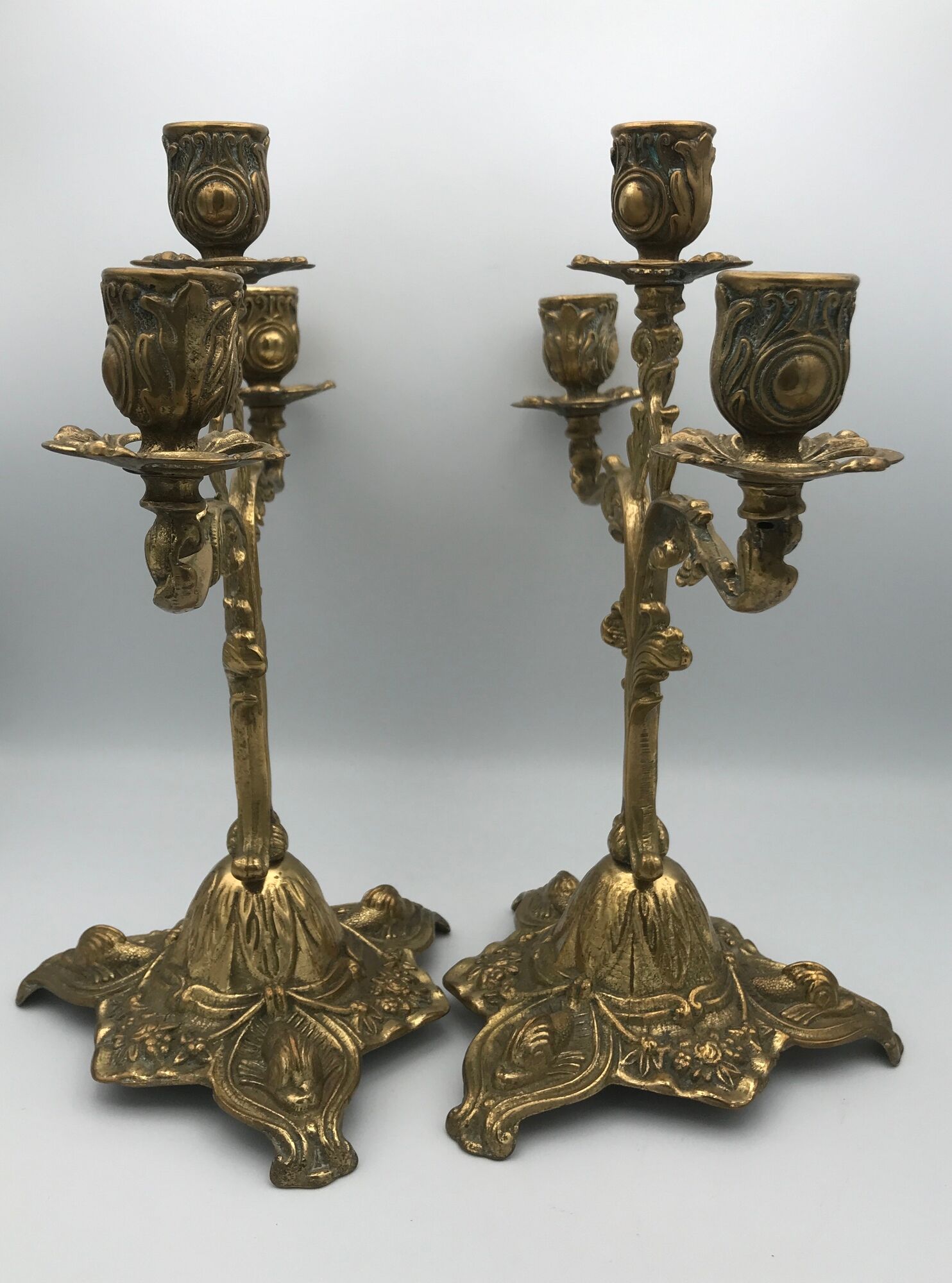 Pair of old candlesticks in bronze 3 lights rocaille style 28,5 cm