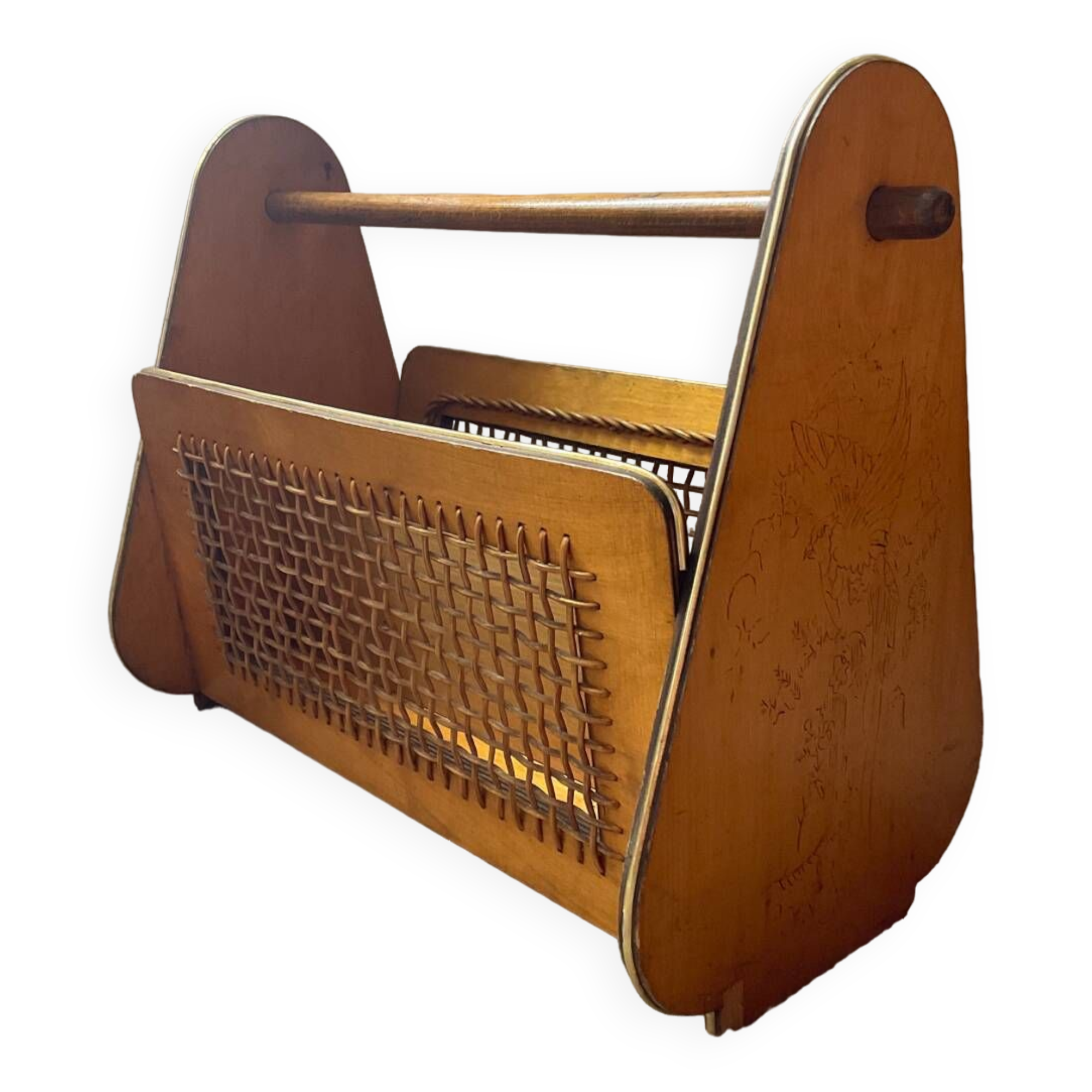 Wooden and rattan magazine rack from the 50s and 60s
