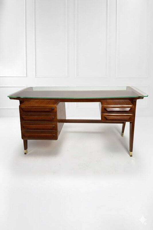 Wood and Brass Desk attributed to Vittorio Dassi, Italy, 1950s