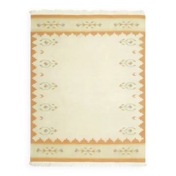 Tapis de salon vintage turc Oushak fait main en laine et coton crème des années 1970 171x222