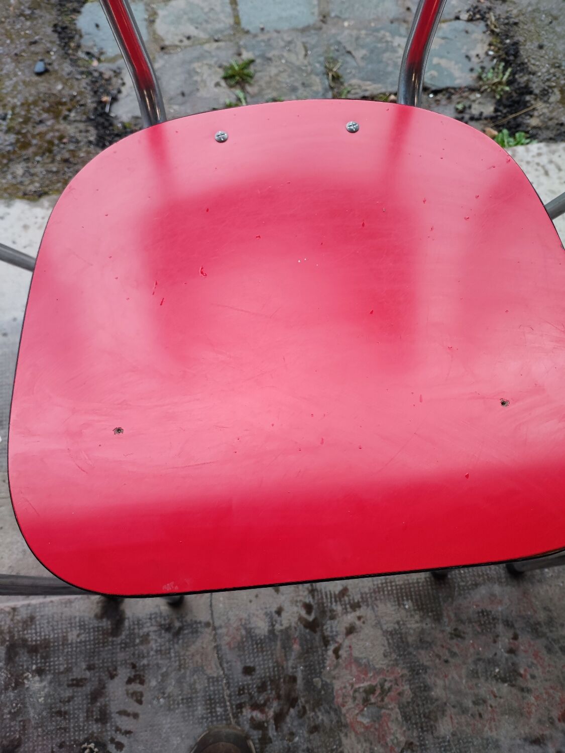 6 red and chrome Formica chairs