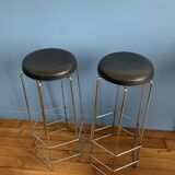 Pair of high bar chairs - chrome metal and Skai