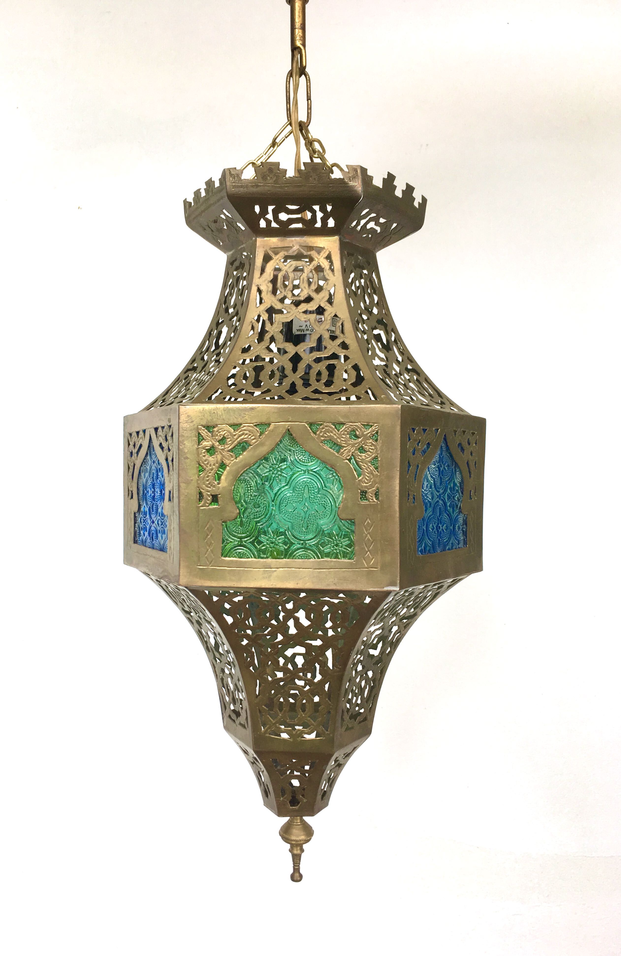 Moroccan brass suspension and coloured glass